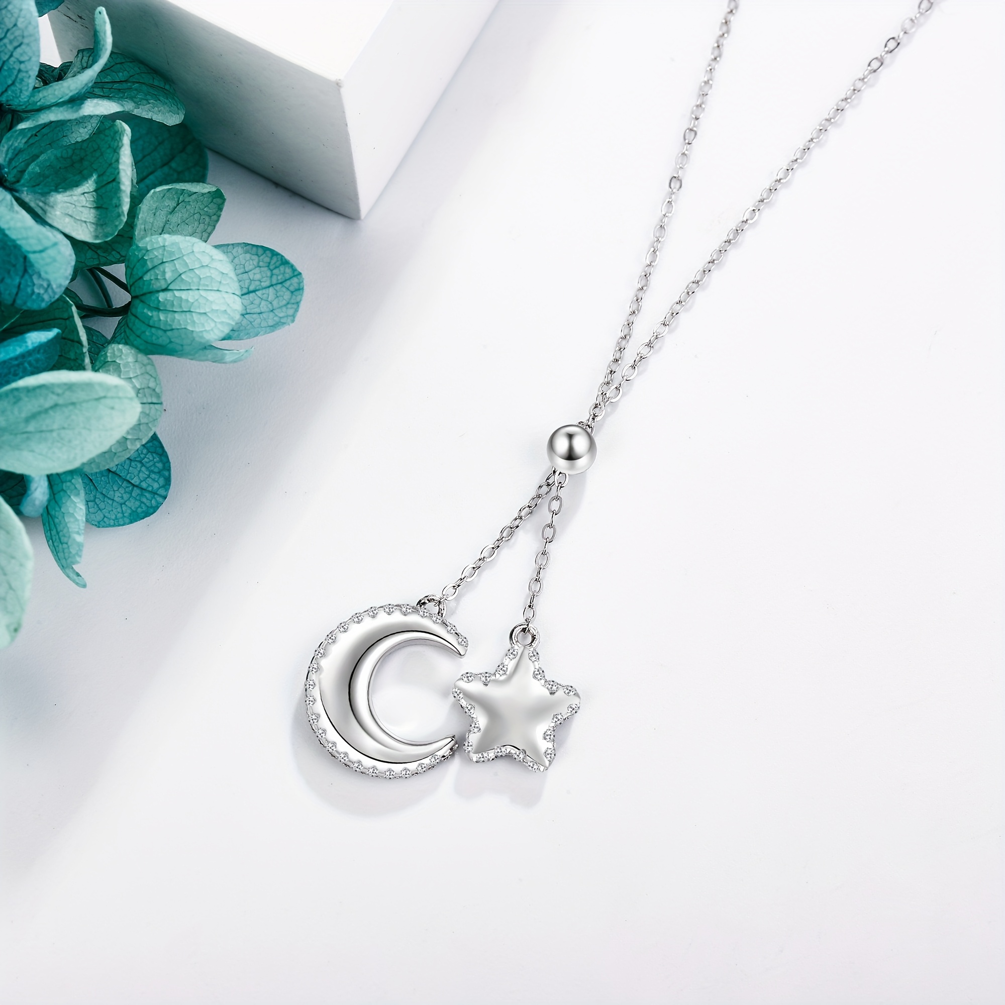 Women's Adjustable Sterling Silver Moon and Star Lariat Necklace